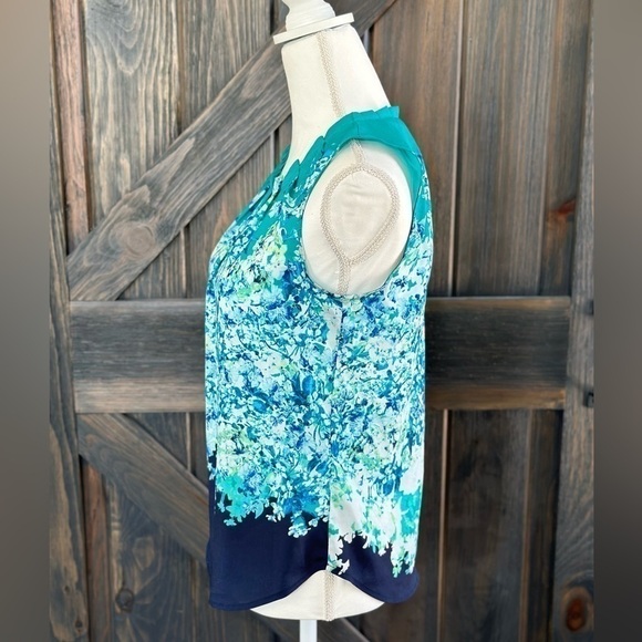 New York & Company Blouse Ombre Floral Pattern Pleated Neckline Zip Up Blue XS‎ - Picture 3 of 5